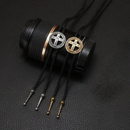 Retro Round Cross Bolo Tie - Image 5